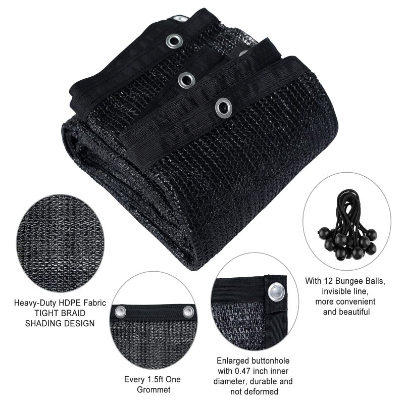 Shatex 90% Plant Shade Cloth 6' x 8' Shade Fabric Sun Shade Cloth with Grommets for Pergola Cover Canopy, Black, 12 Bungee Balls - Image 4